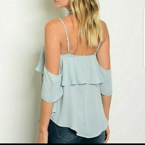 Sip N' Sparkle Tops - Dusty Blue Ruffle Chiffon Top Sip N' Sparkle Tops - Dusty Blue Ruffle Chiffon Top